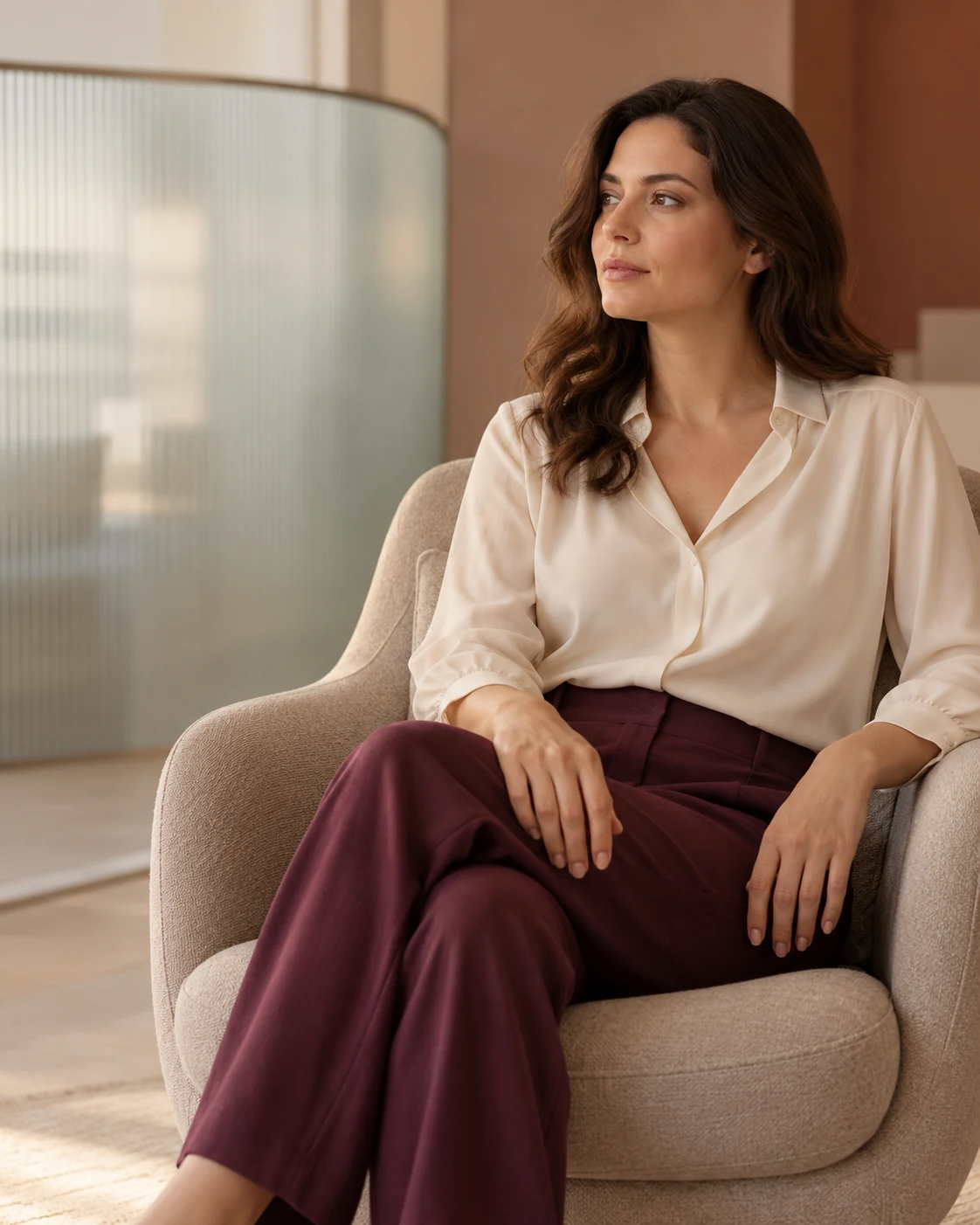 Composição editorial conceitual de uma mulher adulta sentada em um ambiente reservado